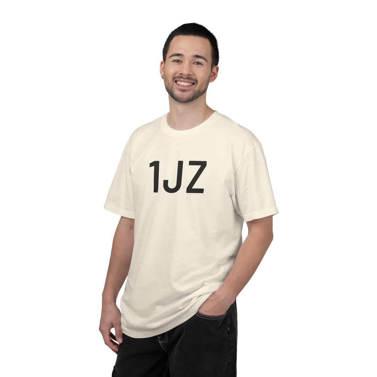 Ivory T-shirt worn front, bold "1JZ" print on chest