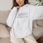 White hoodie on model, drawstring hood and Wind Buffeting logo on chest