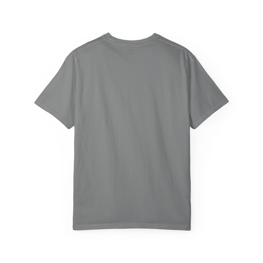 Grey crew-neck T-shirt, short sleeves, plain back view