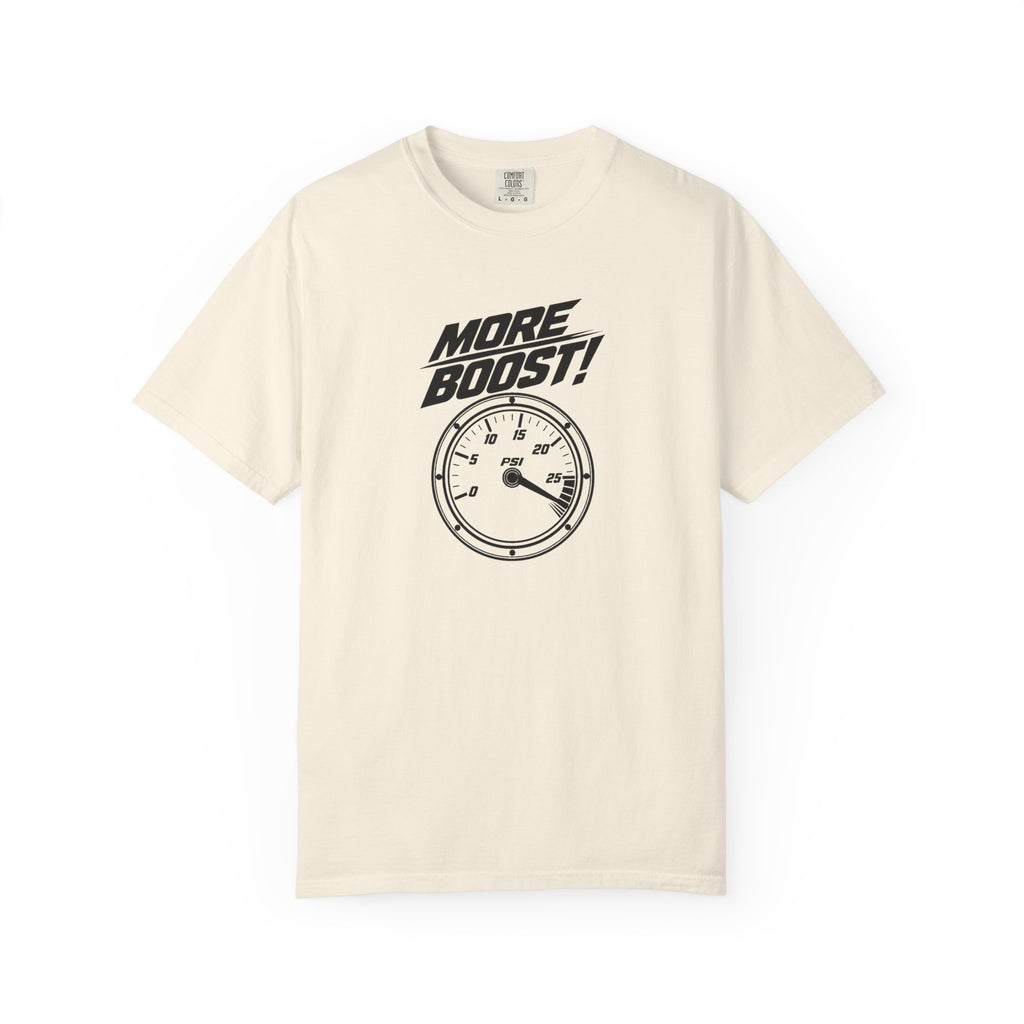 Ivory crewneck T-shirt with 'More Boost!' stopwatch graphic on the chest