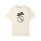 Ivory crewneck T-shirt with 'More Boost!' stopwatch graphic on the chest