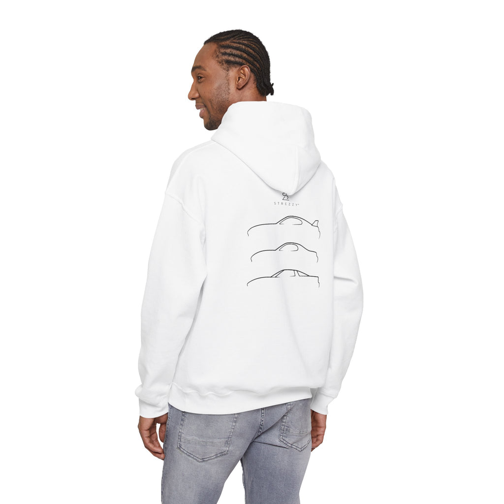 White pullover hoodie with back car line graphic and small top logo