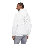 White pullover hoodie with back car line graphic and small top logo