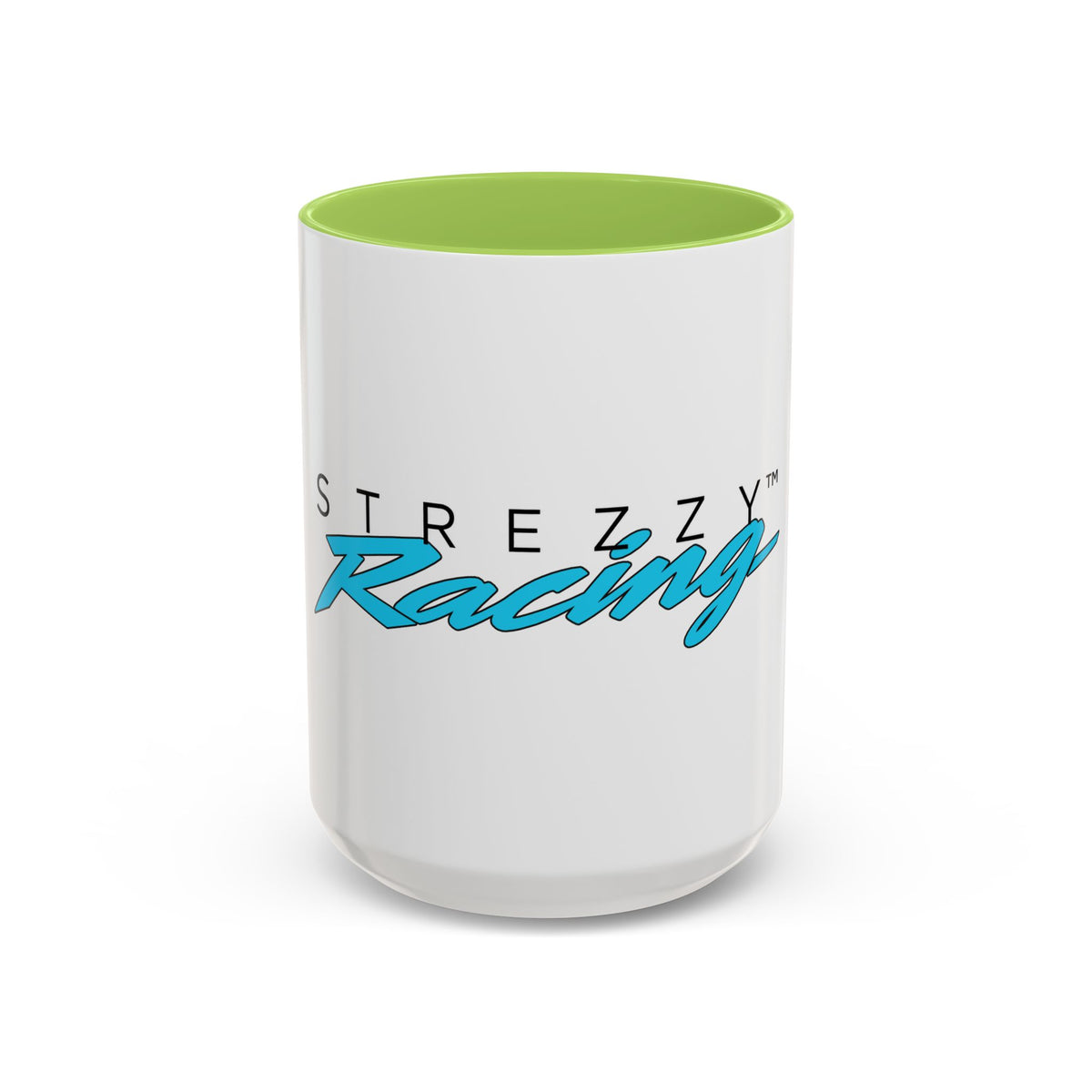 White mug with light-green lid and “Strezzy” “Racing” graphic on the front