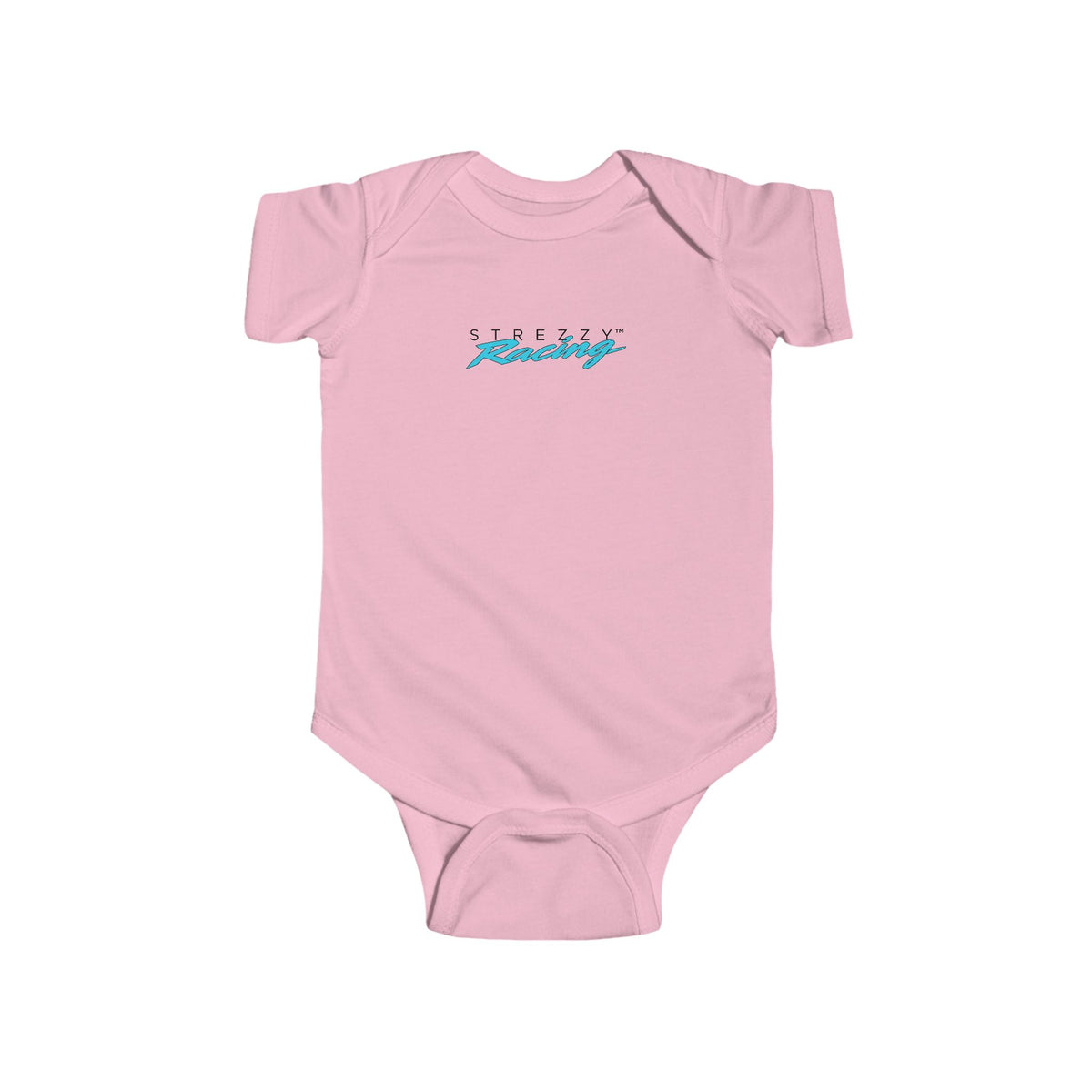 Pink short-sleeve baby bodysuit with Strezzy Racing logo on chest