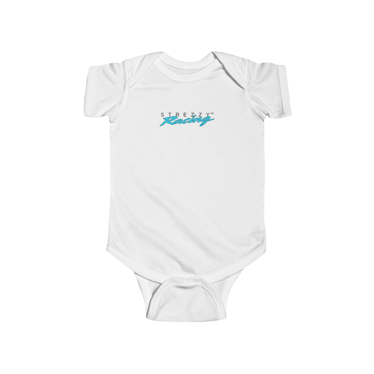 White short-sleeve baby bodysuit with Strezzy Racing logo on chest