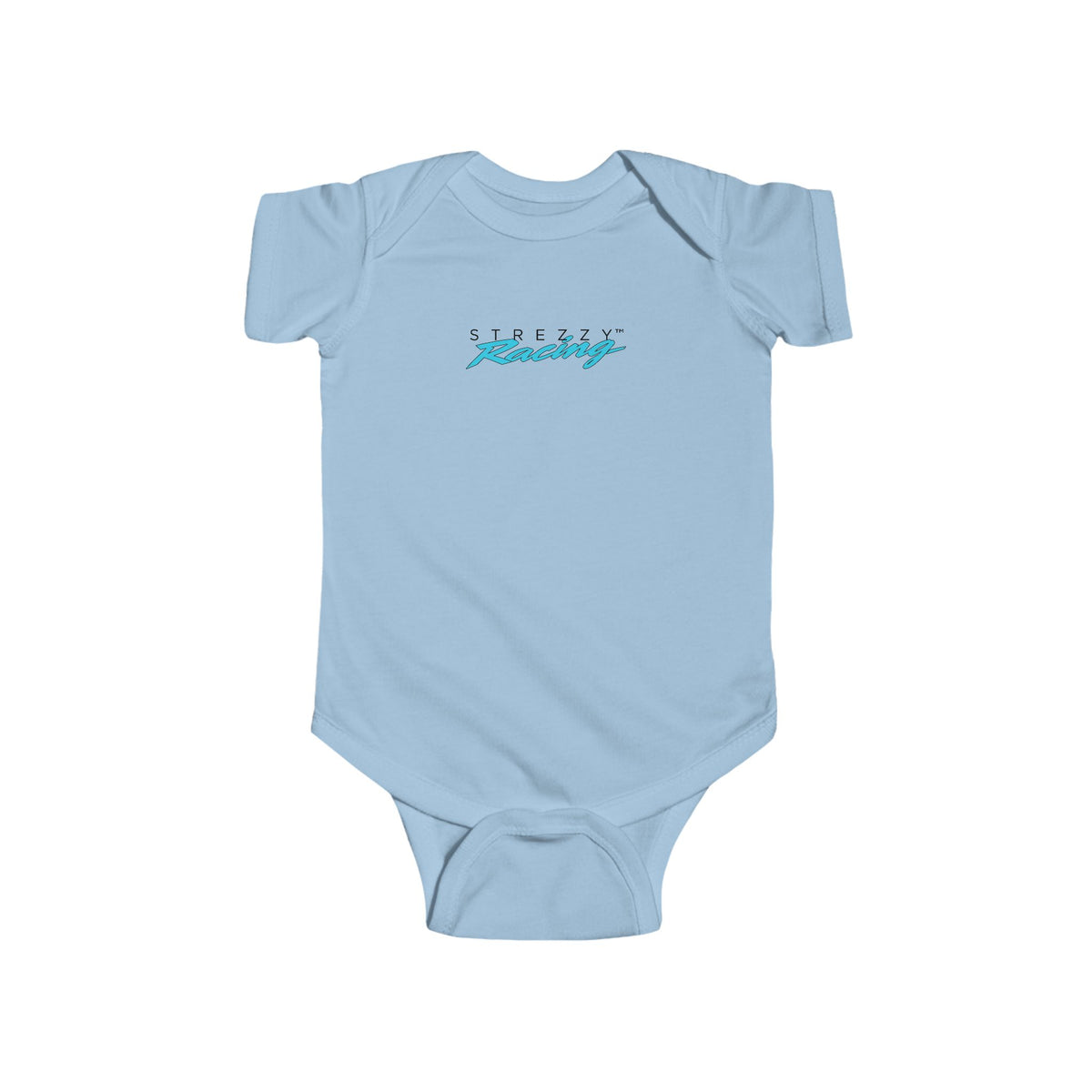 Light blue short-sleeve baby bodysuit with Strezzy Racing logo on chest