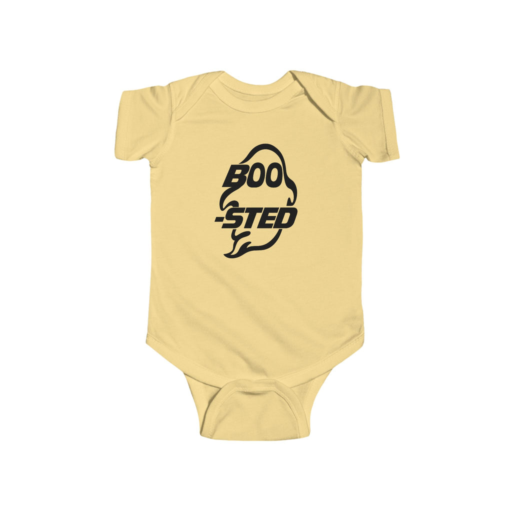Butter yellow baby bodysuit with BOO-STED Halloween logo graphic on front