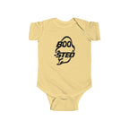 Butter yellow baby bodysuit with BOO-STED Halloween logo graphic on front