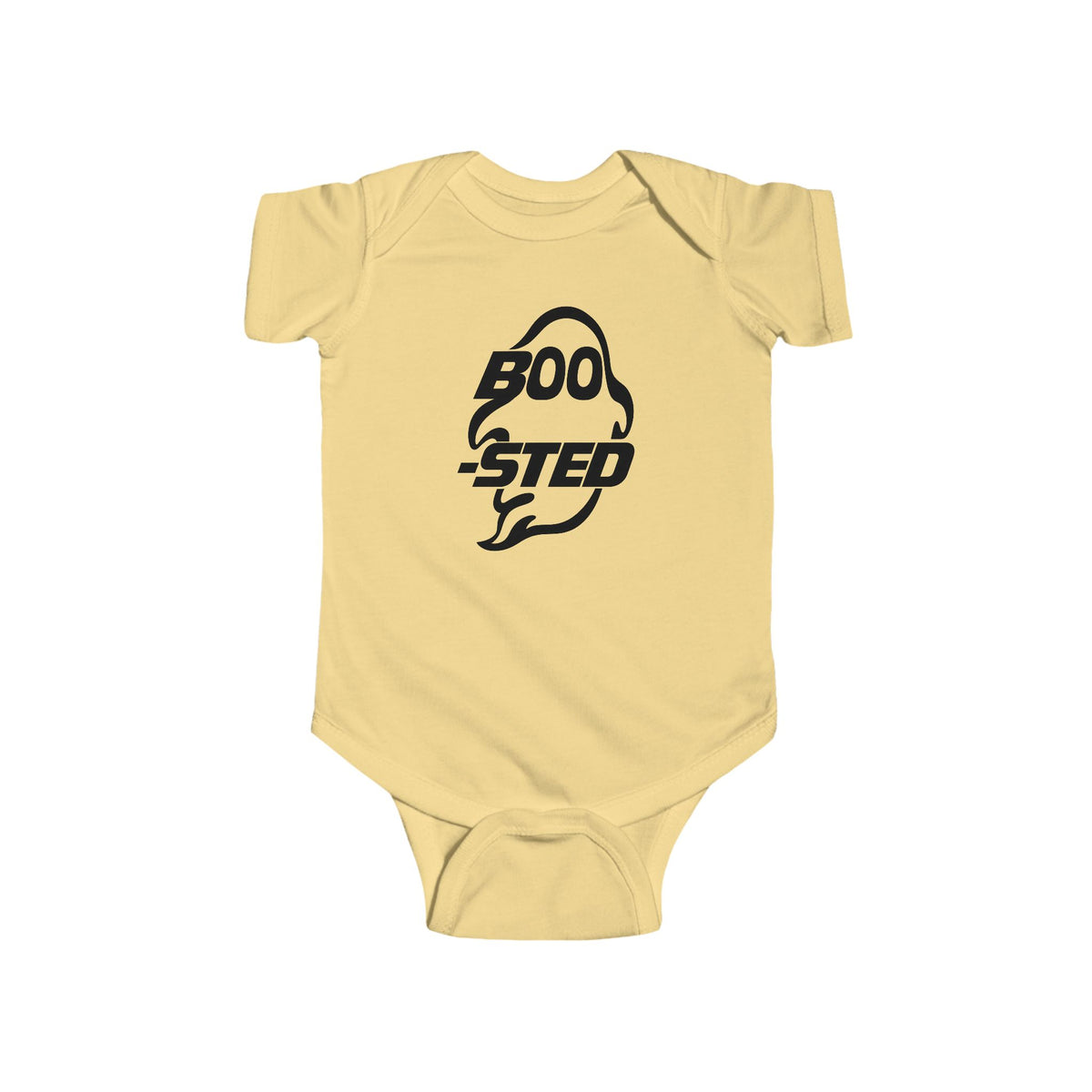 Butter yellow baby bodysuit with BOO-STED Halloween logo graphic on front