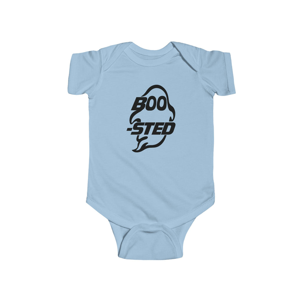 Light blue baby bodysuit with BOO-STED Halloween logo graphic on front