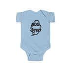 Light blue baby bodysuit with BOO-STED Halloween logo graphic on front