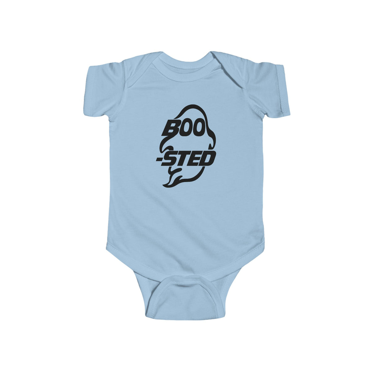 Light blue baby bodysuit with BOO-STED Halloween logo graphic on front