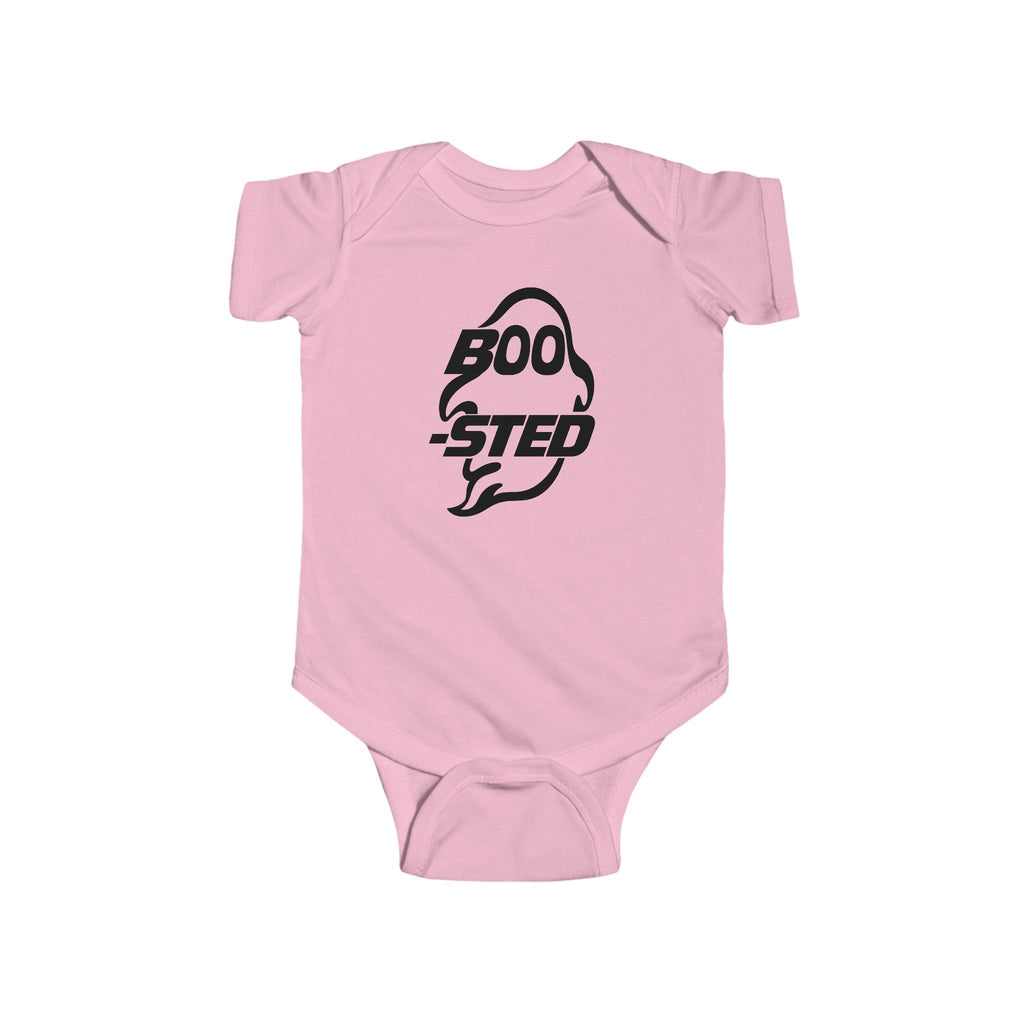 Pink baby bodysuit with BOO-STED Halloween logo graphic on front