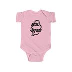 Pink baby bodysuit with BOO-STED Halloween logo graphic on front