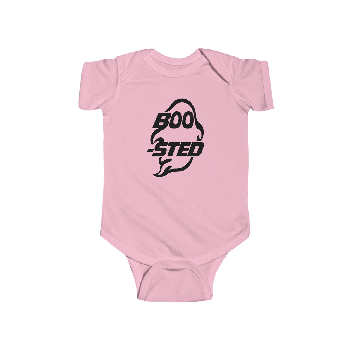 Pink baby bodysuit with BOO-STED Halloween logo graphic on front