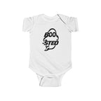 White baby bodysuit with BOO-STED Halloween logo graphic on front