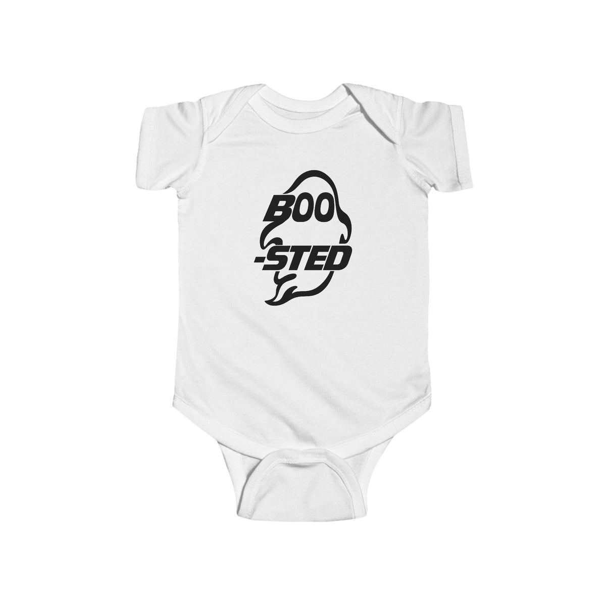 White baby bodysuit with BOO-STED Halloween logo graphic on front