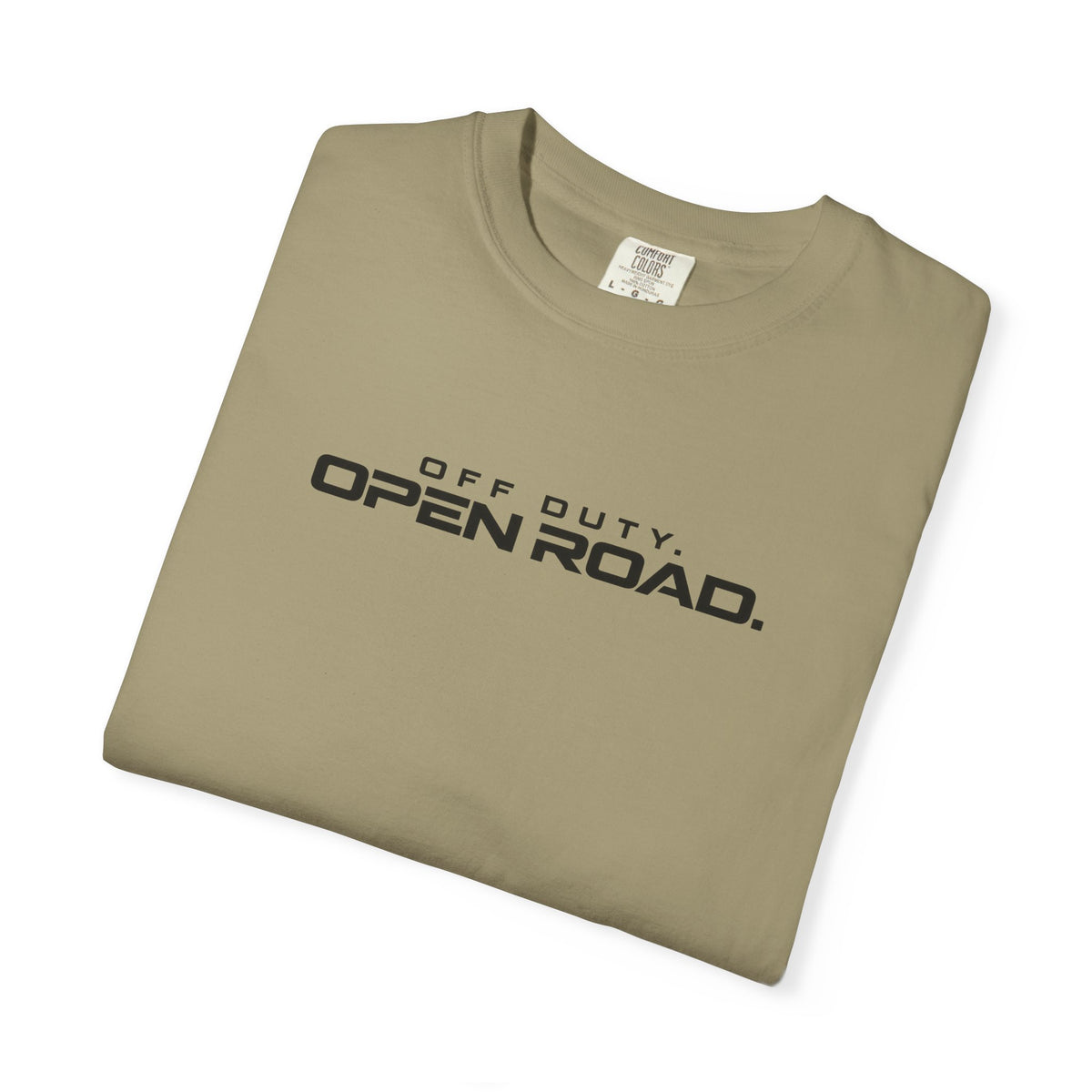 Khaki crewneck T-shirt with 'Off Duty Open Road' chest graphic