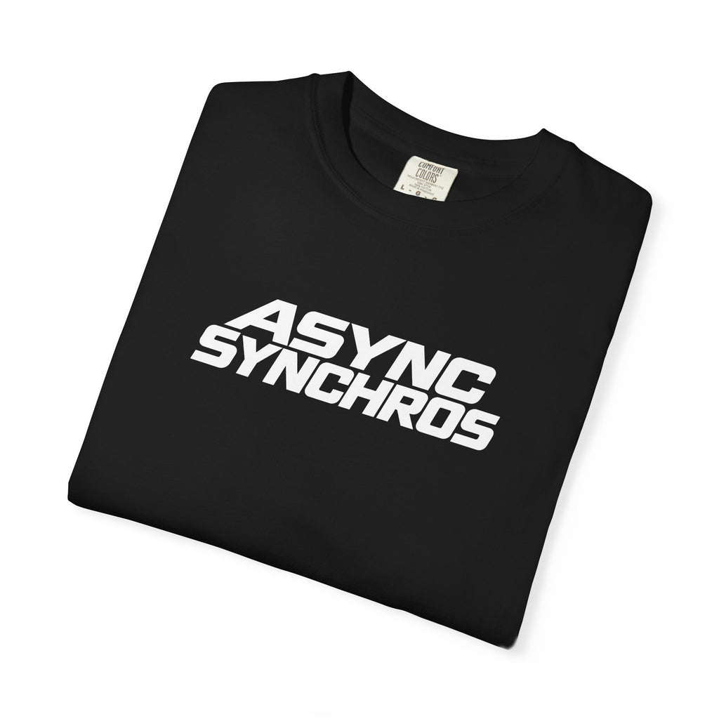 Black T-shirt folded with ASYNC SYNCHROS graphic logo on the front