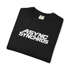Black T-shirt folded with ASYNC SYNCHROS graphic logo on the front