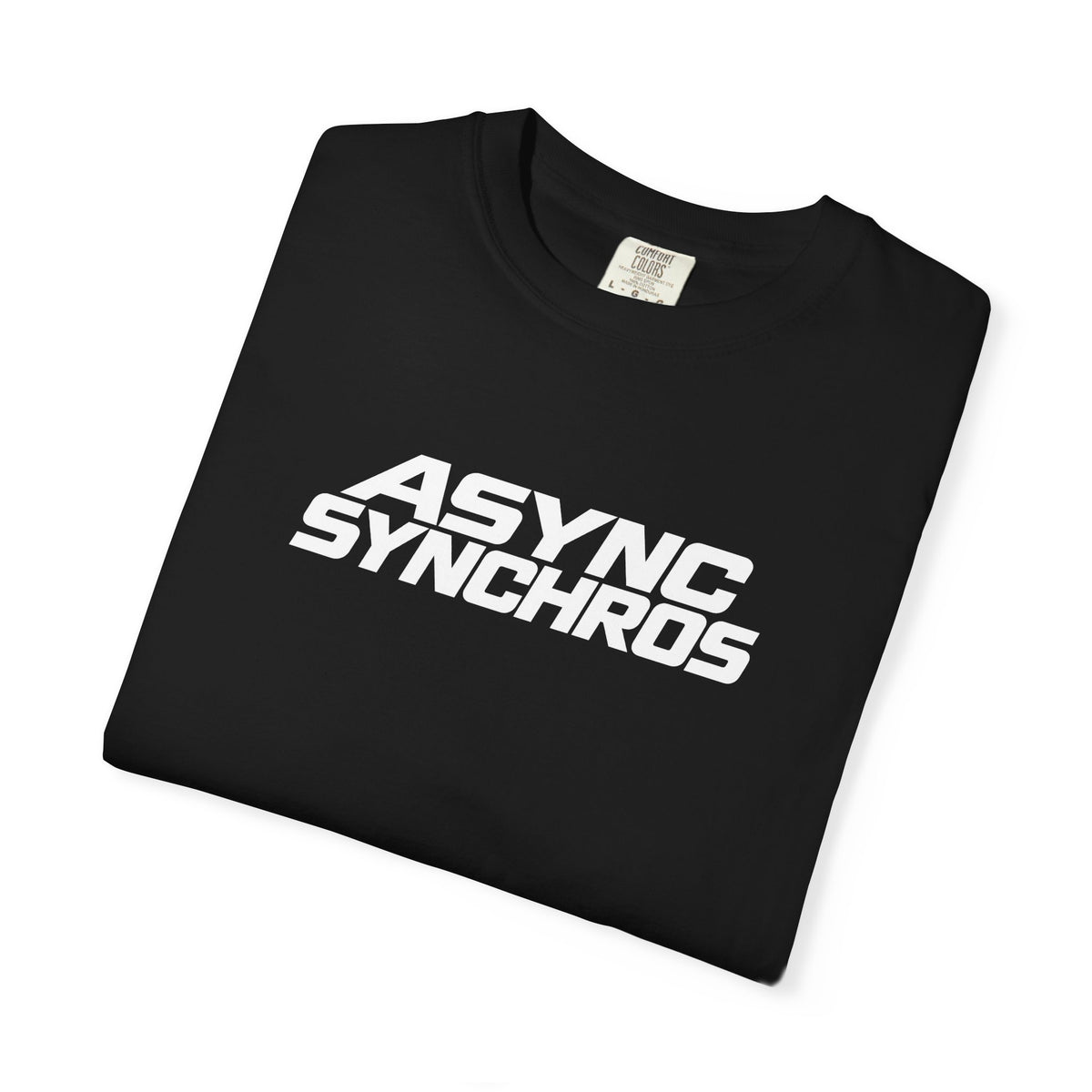 Black T-shirt folded with ASYNC SYNCHROS graphic logo on the front