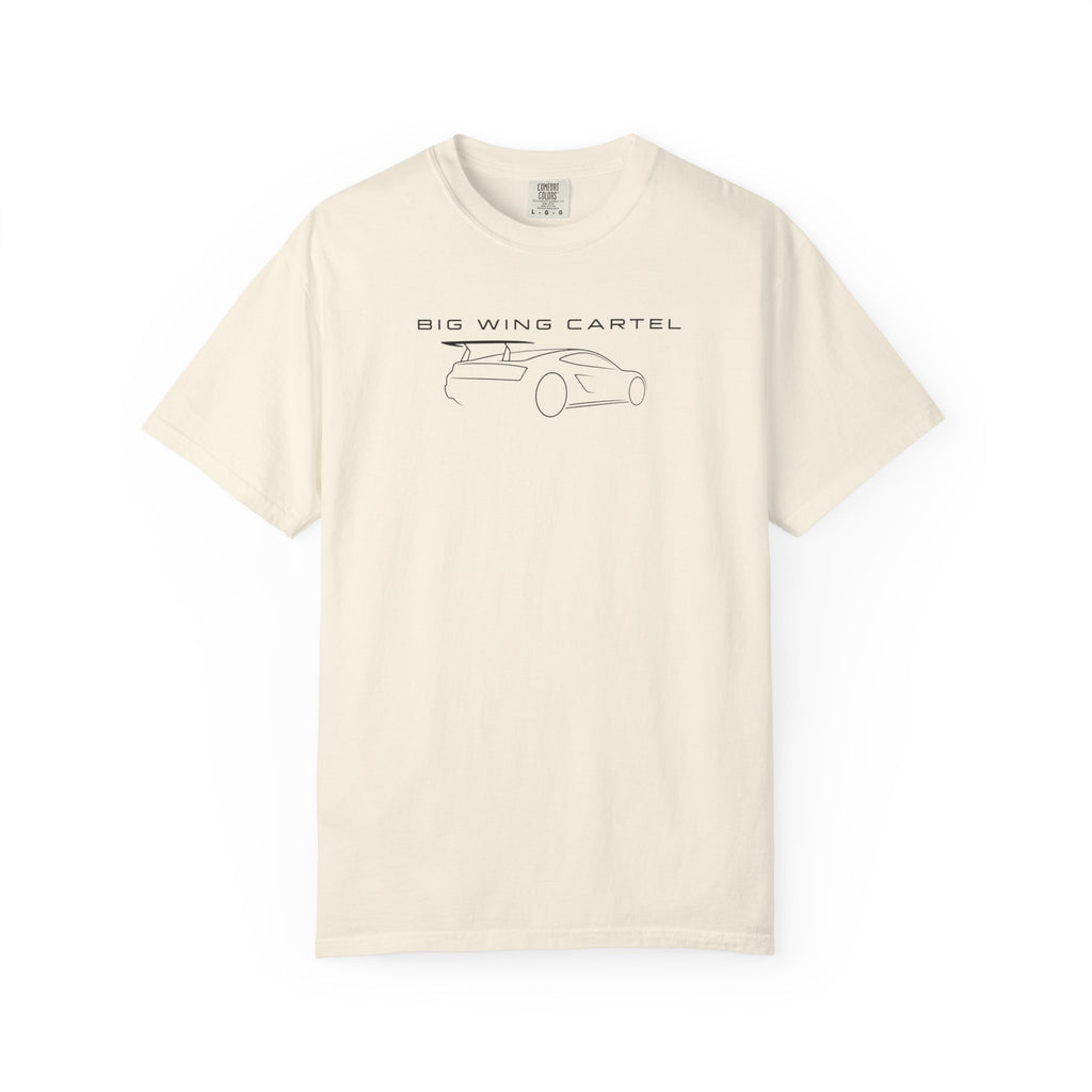 Big Wing Cartel exotic car outline T-shirt, ivory crewneck with front graphic print