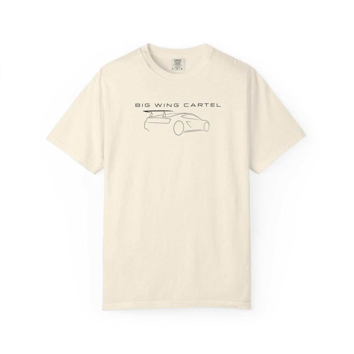 Big Wing Cartel exotic car outline T-shirt, ivory crewneck with front graphic print