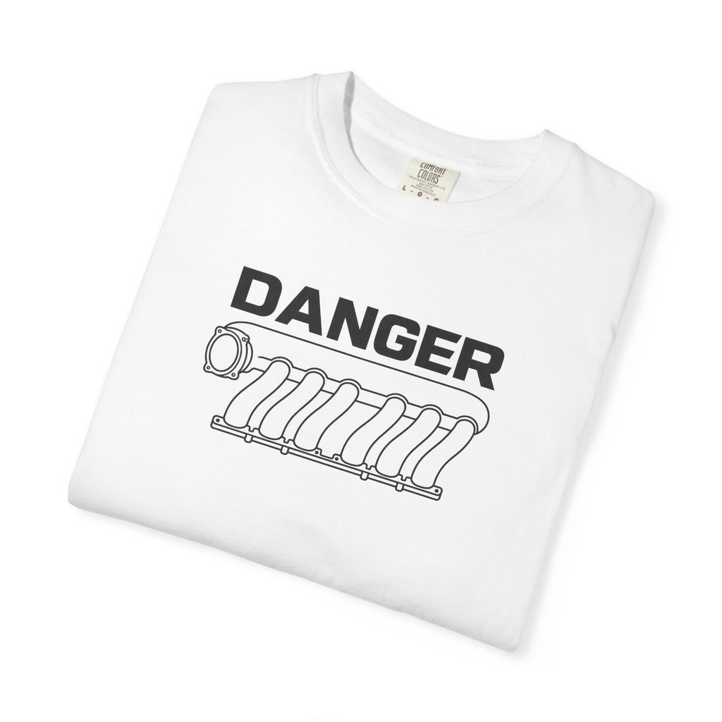White crewneck T-shirt with 'DANGER' intake manifold graphic
