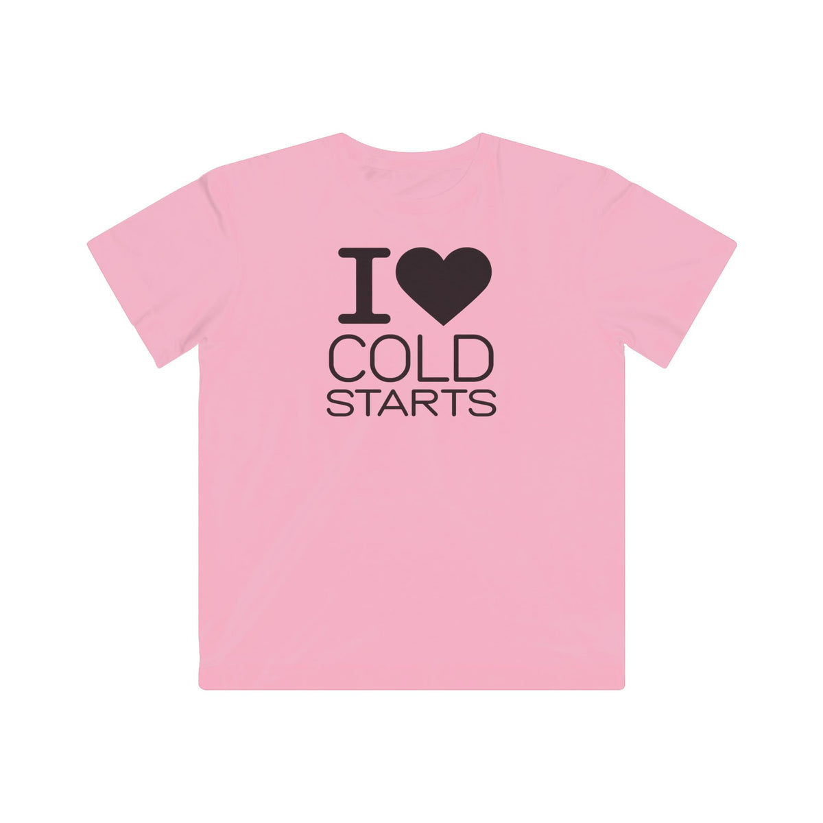 Kids' T-shirt, pink, front graphic with heart and “I ♥ COLD STARTS”.