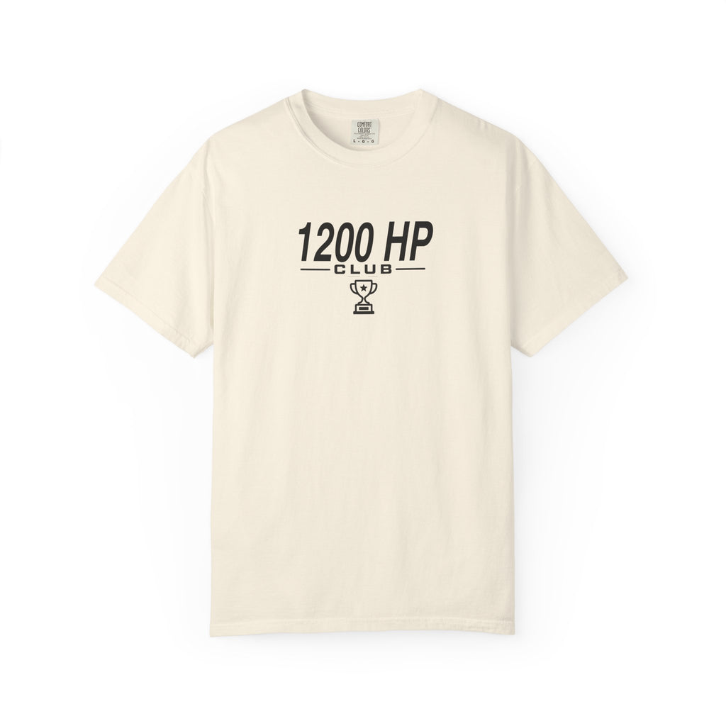 Ivory crew-neck T-shirt with black “1200 HP Club” logo on the chest