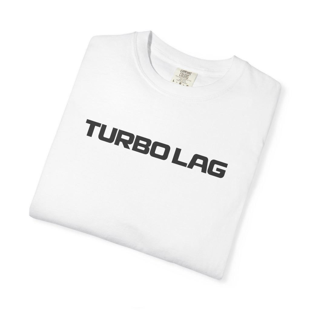 White crewneck T-shirt with diagonal logo text print detail.