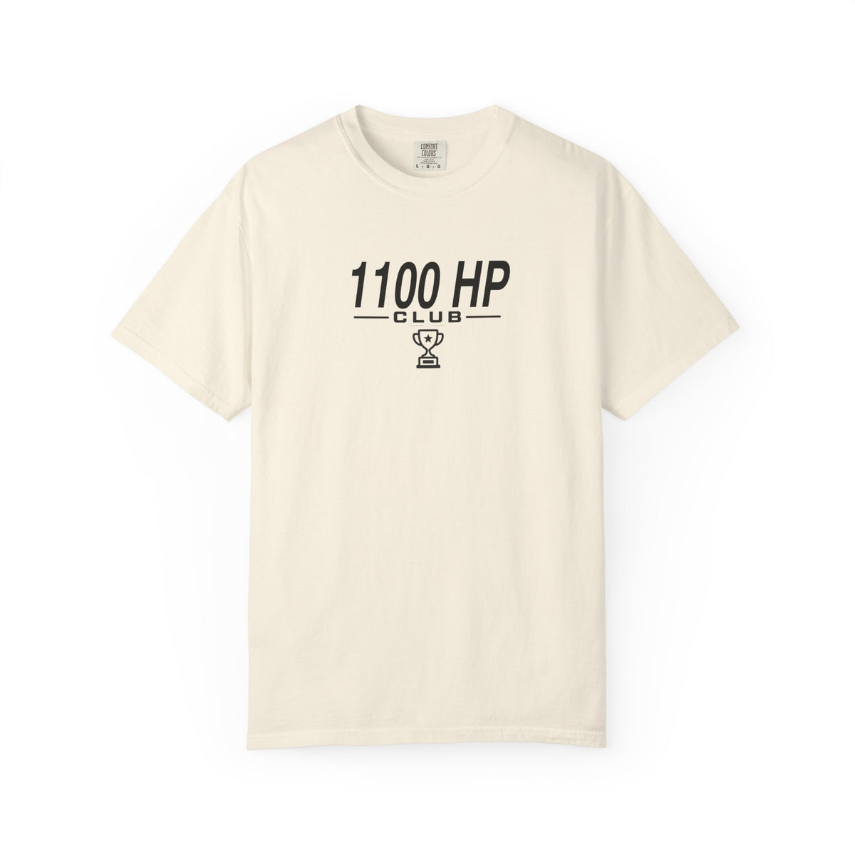 Ivory crew-neck T-shirt with “1100 HP CLUB” trophy graphic on the chest