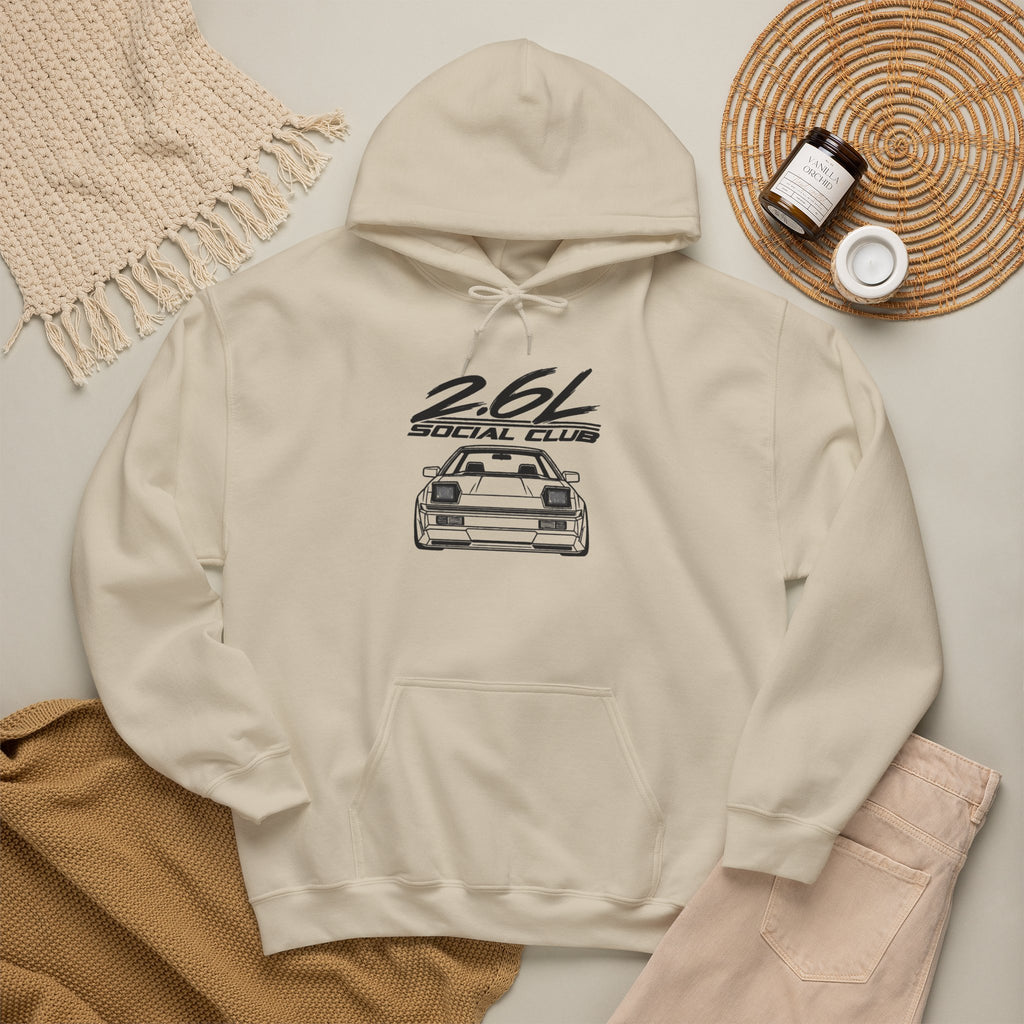 Sand beige hoodie with drawstring hood, front kangaroo pocket, car graphic print.
