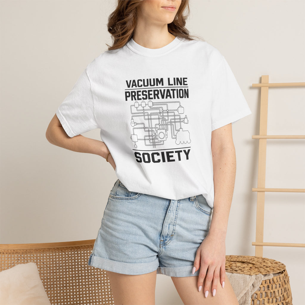 White graphic t-shirt with Vacuum Line Preservation Society text and mechanical logo