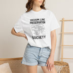White graphic t-shirt with Vacuum Line Preservation Society text and mechanical logo