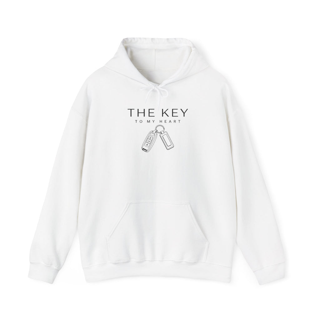 White pullover hoodie with front pouch pocket, drawstring hood, key heart graphic