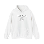 White pullover hoodie with front pouch pocket, drawstring hood, key heart graphic