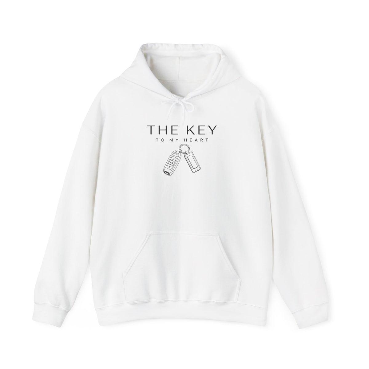 White pullover hoodie with front pouch pocket, drawstring hood, key heart graphic