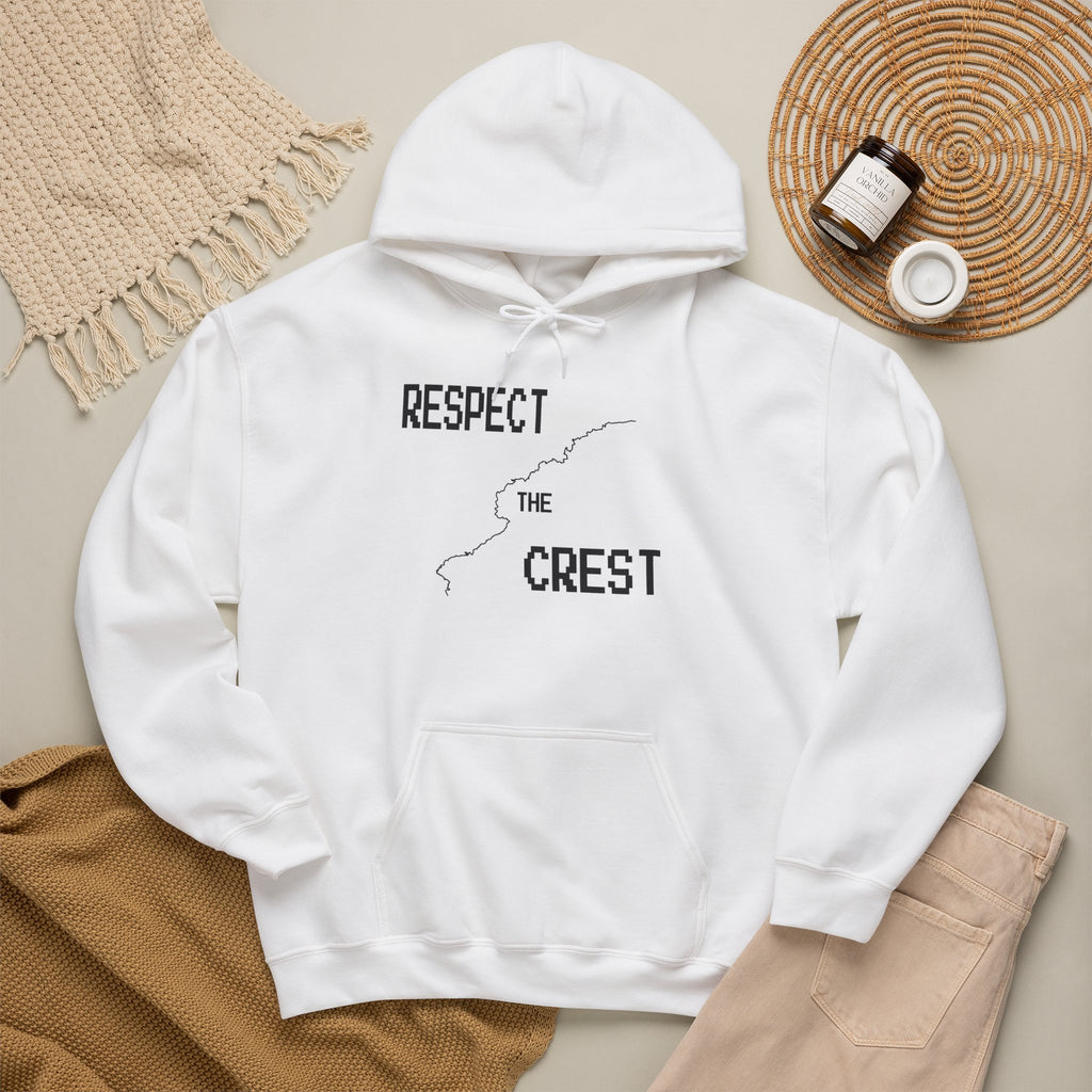 White Respect Crest hoodie with drawstring hood, front pocket, and black crest artwork