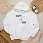 White Respect Crest hoodie with drawstring hood, front pocket, and black crest artwork