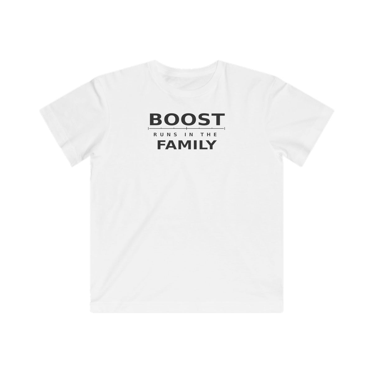 White kids T-shirt with BOOST RUNS IN THE FAMILY graphic on chest