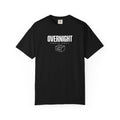Black crewneck T-shirt with OVERNIGHT parts dept. box graphic on the chest
