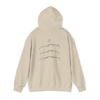Beige pullover hoodie with back minimalist line-art car graphic and small emblem