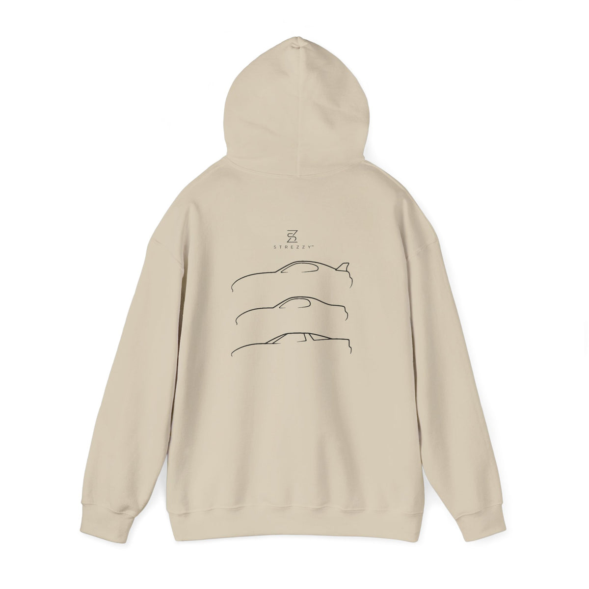 Beige pullover hoodie with back minimalist line-art car graphic and small emblem