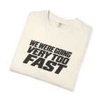 Ivory crew-neck T-shirt with bold black slogan text across the chest