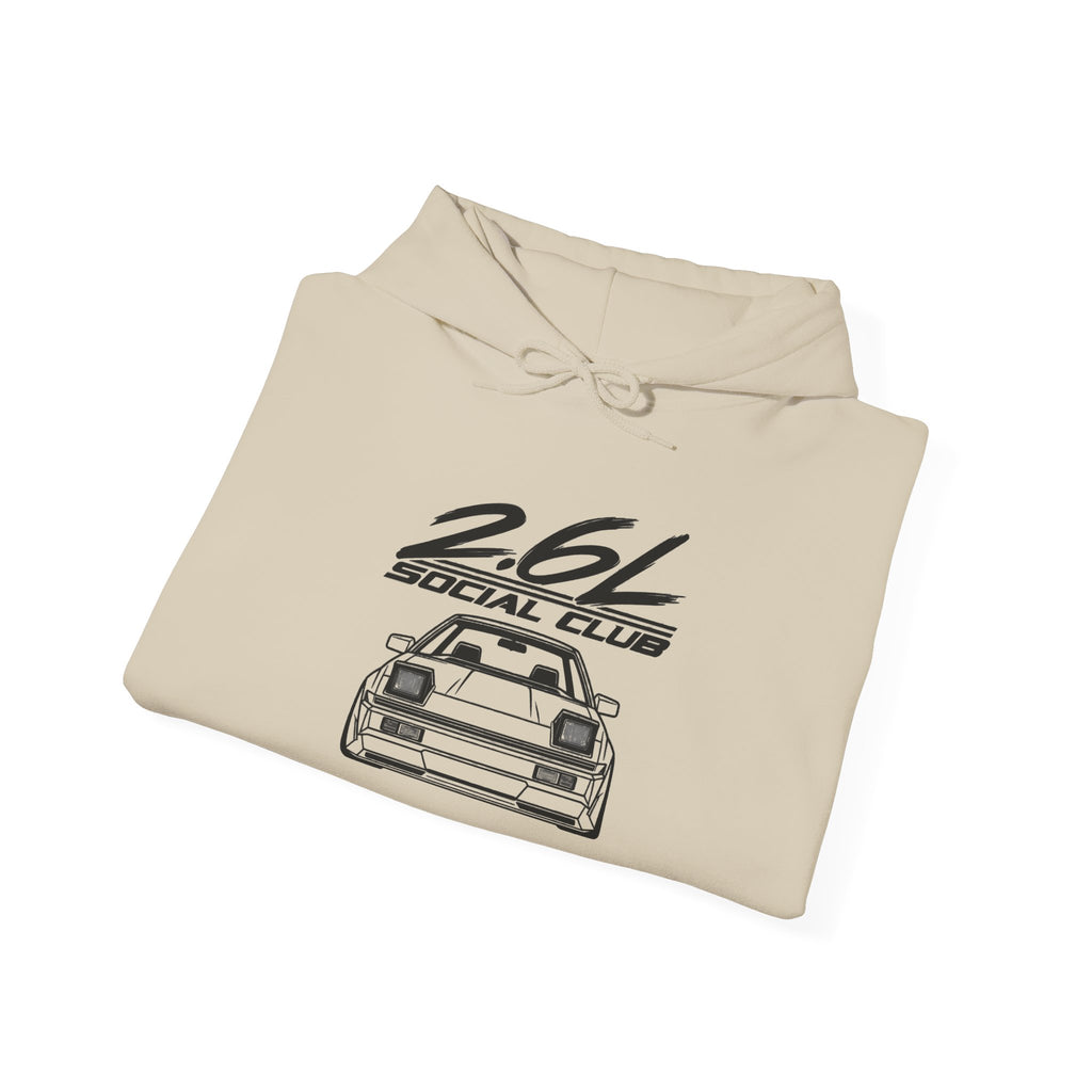 Sand beige hoodie with drawstring hood and front car graphic print, folded view.