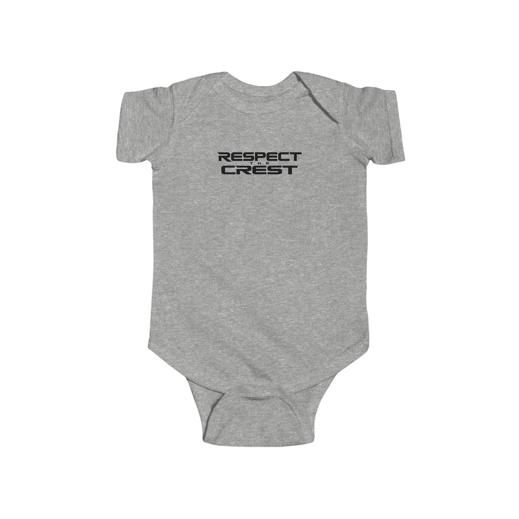 Heather gray short-sleeve baby bodysuit with minimal RESPECT CREST graphic on chest