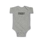 Heather gray short-sleeve baby bodysuit with minimal RESPECT CREST graphic on chest