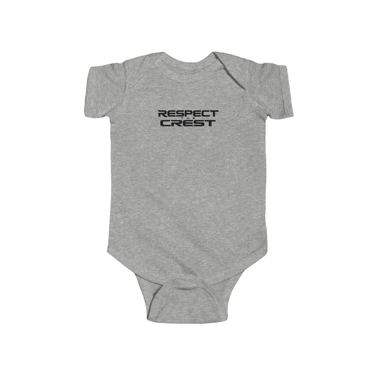 Heather gray short-sleeve baby bodysuit with minimal RESPECT CREST graphic on chest